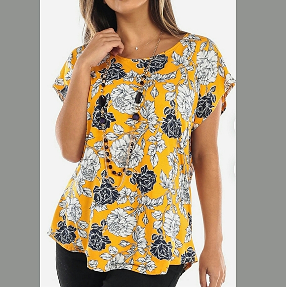 Tops - Mustard Floral Blouse with Detachable Necklace